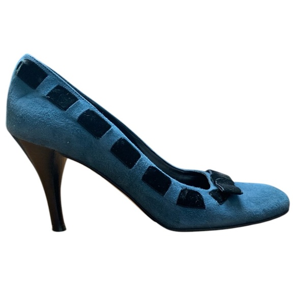 Massimo Baldi Unique Teal Suede Heels w Black Velvet Ribbon Woven - Picture 3 of 6